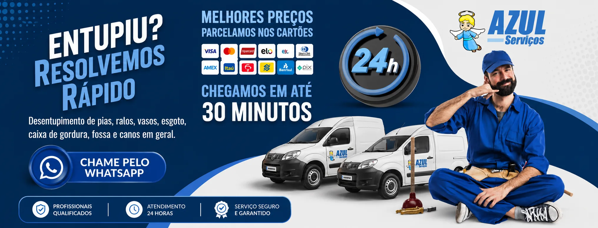 Desentupidora Azul Serviços — Entupiu? Resolvemos rápido. Atendimento 24 horas, orçamento grátis, chegada rápida.